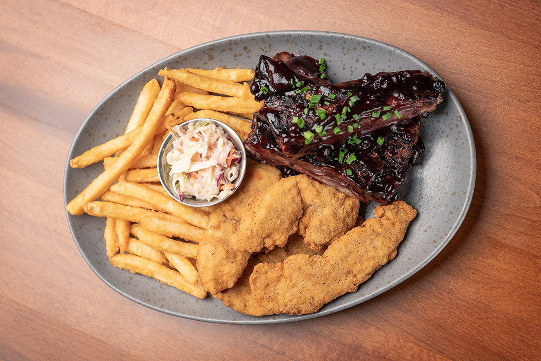 Blueberry Ribs, Chicken Tenders, Fries and Coleslaw